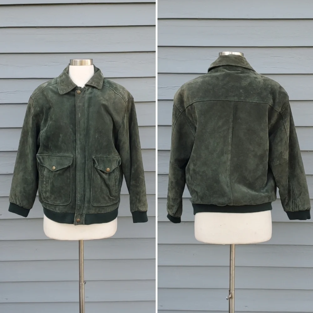 Vintage 90s y2k Green Suede Leather Giacca Aviator Flyboy Flight Bomber Jacket